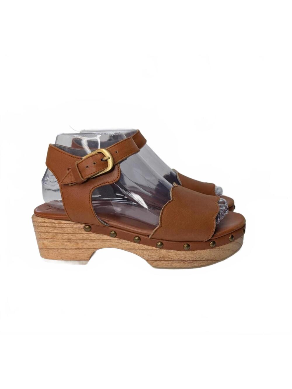 Women's Tan Leather Clog Sandals with Buckle